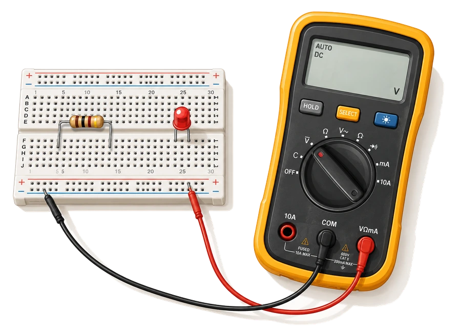 A breadboard circuit with a resistor and an LED, measured by a yellow multimeter